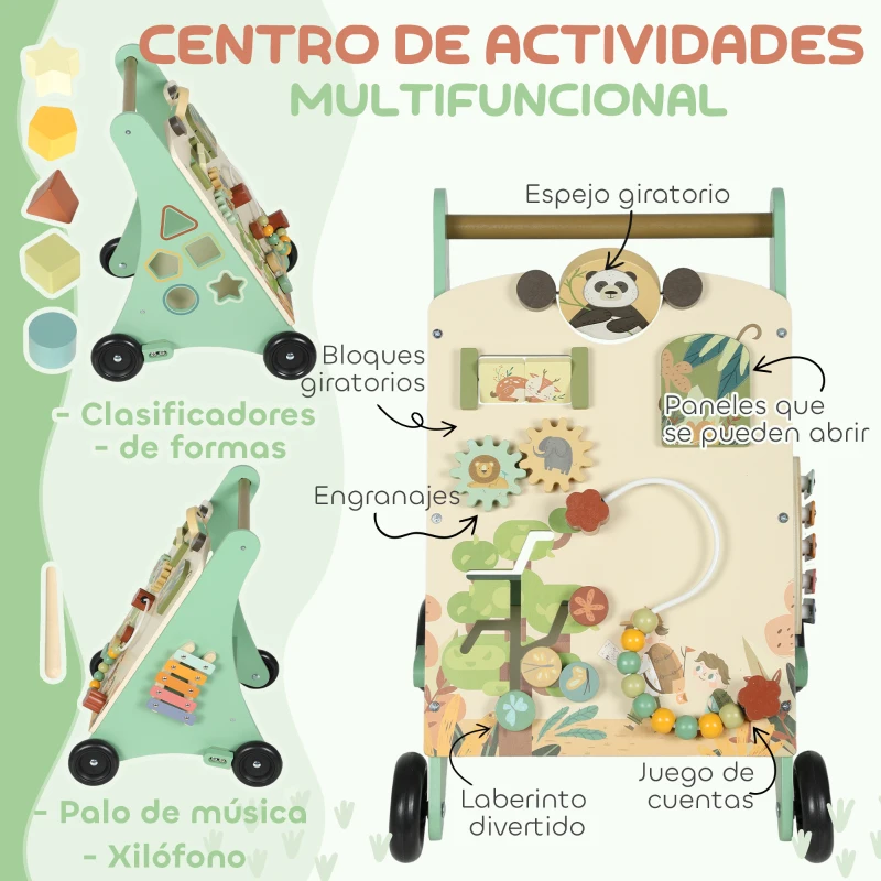 AIYAPLAY Andador Madera Bebé Control Velocidad Xilófono Engranajes Laberinto Cuentas Centro de Actividades Montessori Verde