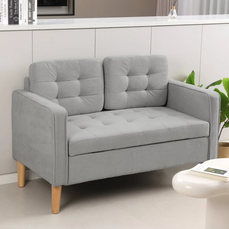 HOMCOM Sofá de 2 Plazas con Espacio de Almacenamiento Patas de Madera Respaldo Capitoné 117x62x78 cm Gris Claro