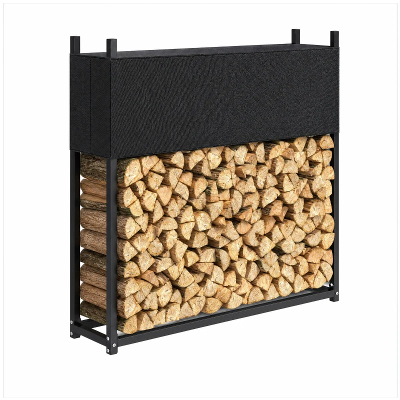 Outsunny Suport lemne 106 x 25 x 113 cm, raft pentru lemne cu husă 600D-Oxford, cadru din oțel, până la 250 kg, Negru