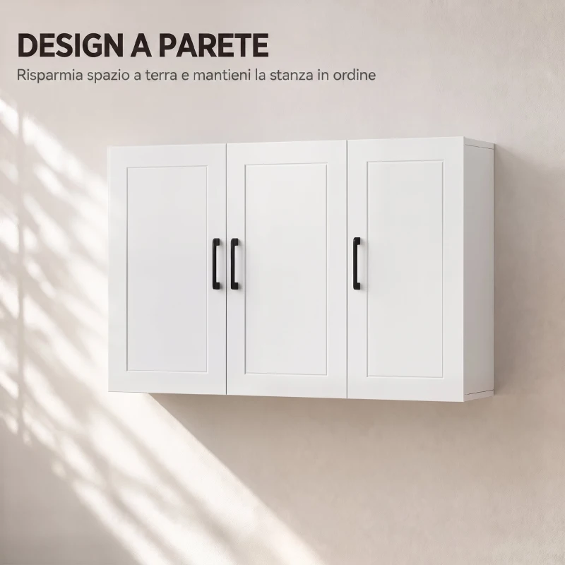 HOMCOM Mobile Bagno da Parete con 3 Ante, Ripiano Regolabile, per Soggiorno e Ingresso, Salvaspazio, 90x30x60 cm, Bianco