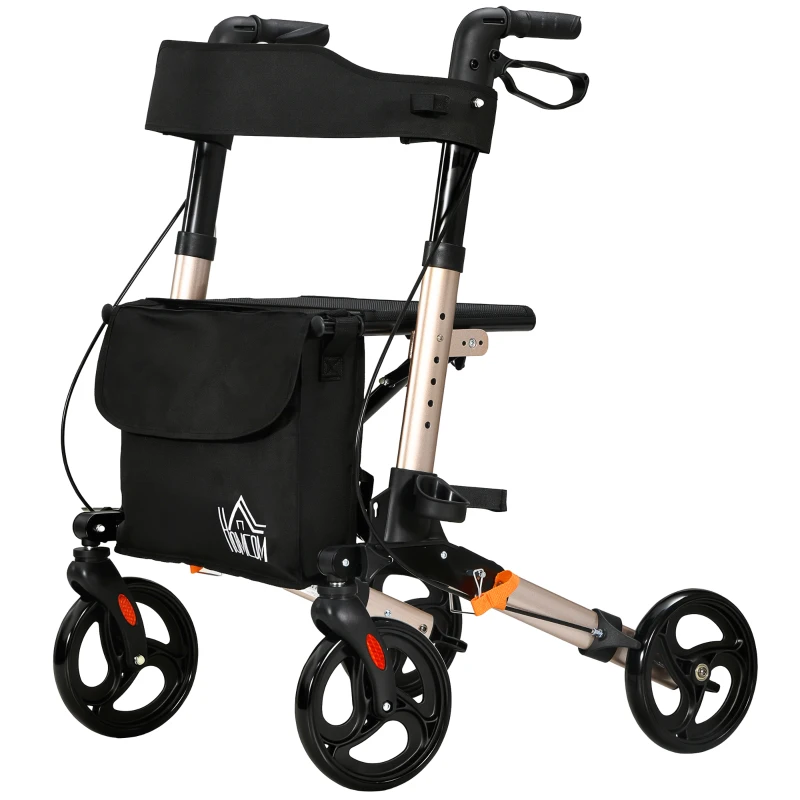 HOMCOM Déambulateur 4 Roues Pliable en Aluminium, Hauteur Réglable 6 Positions, Freins Doubles, Rangement, 64x67x92cm, Doré