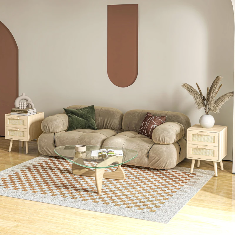 HOMCOM Lot de 2 tables de chevet tables d'appoint 2 tiroirs façades aspect cannage rotin style bohème 40 x 40 x 56 cm naturel