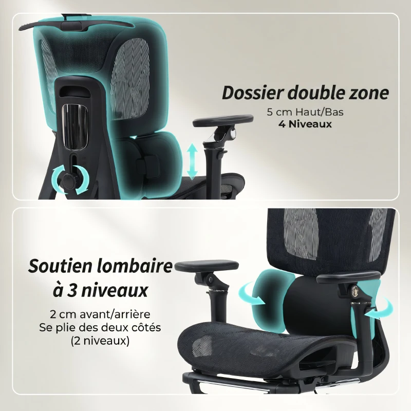 HOMCOM Chaise Bureau Ergonomique avec Accoudoirs 6D, Appui-Tête et Profondeur d'Assise Réglables, 67 x 71 x 133 cm, Noir