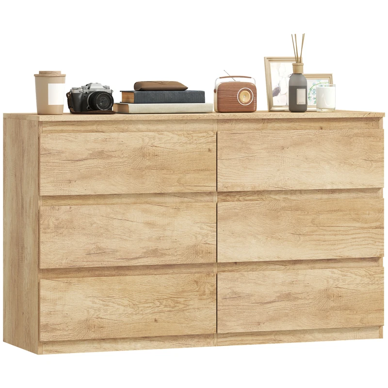 HOMCOM Commode 6 tiroirs meuble de rangement sans poignées design minimaliste 120 x 39 x 75 cm chêne