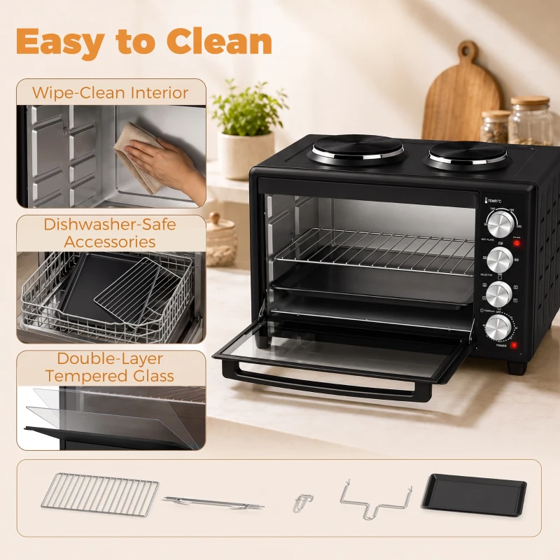 HOMCOM Mini-Four avec 2 Plaques de Cuisson et Broche Rotative 46L 2850 W, Four à Convection Multifonction, Minuterie, Noir
