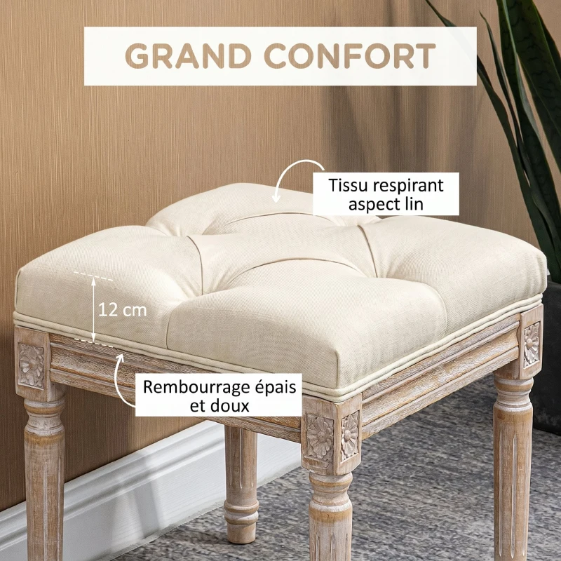 HOMCOM Repose pied salon, ottoman, siège rembourré en tissu aspect lin avec pieds en bois d'hévéa, 40 x 40 x 43 cm, beige