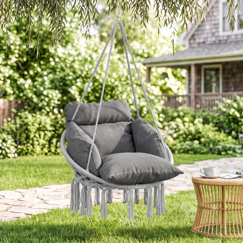 Outsunny Hanging Chair Outdoor Hammock Chair with Soft Cushion, Cotton Rope Boho Style Swing Chair, Hanging Garden Swing Seat for Indoor Outdoor, Dark Grey