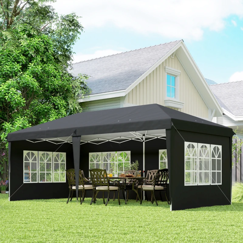 Outsunny Pavillon ca. 3x6m Wasserdicht Pop-up Faltpavillon mit 4 Seitenwänden, Fenster UV-Schutz Tragetasche Schwarz
