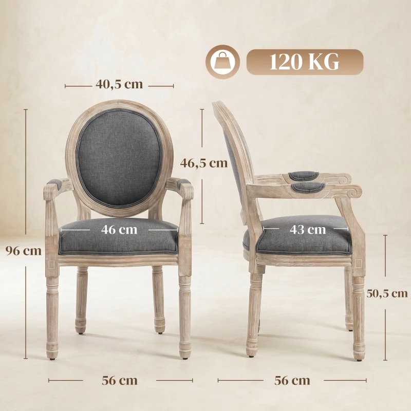 HOMCOM Chaise de Salle à Manger Chaise de Salon médaillon Style Louis XVI Bois Massif patiné sculpté Tissu Lin Gris