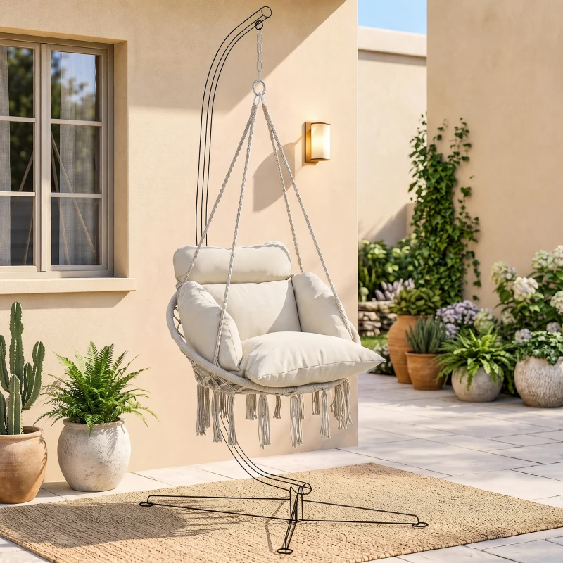 Outsunny Hanging Chair Outdoor Hammock Chair with Soft Cushion, Cotton Rope Boho Style Swing Chair, Hanging Garden Swing Seat for Indoor Outdoor, Cream White