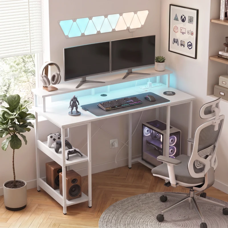 HOMCOM Escrivaninha para Computador Reversível Prateleiras, 120x50 cm, com Tomadas Elétricas e Luzes LED, Branco Efeito Madeira