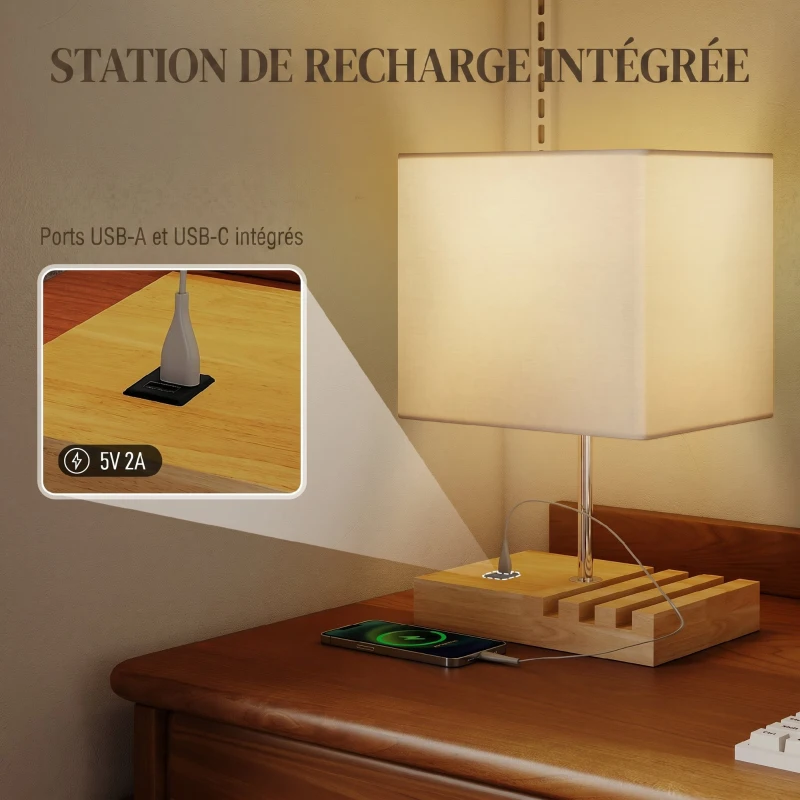 HOMCOM Lampe de chevet avec USB A+C, lampe de table moderne, 3 supports pour téléphone, ampoules non incluses, blanc