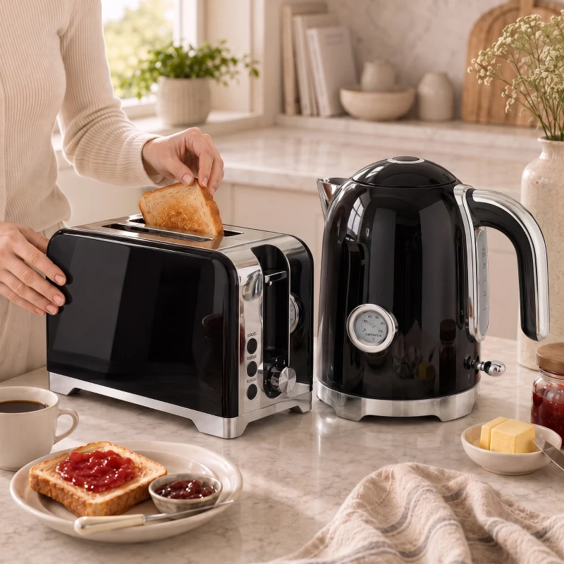HOMCOM Set hervidor y tostadora con termómetro, 1,7 l, hervidor 2200 W, tostadora de 2 ranuras con 7 niveles de tostado
