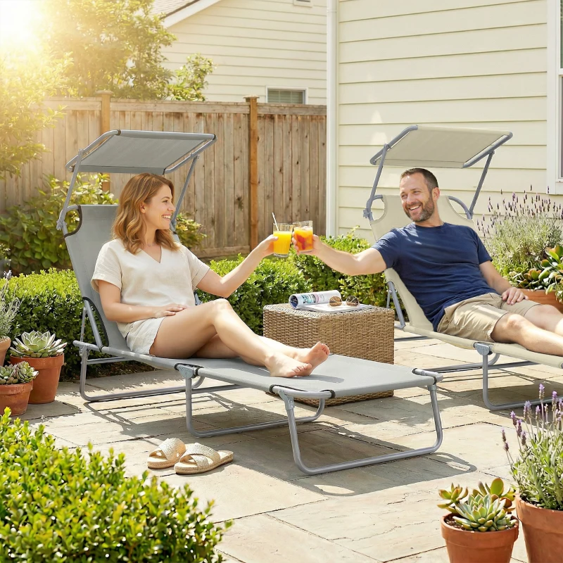 Outsunny Folding Sun Lounger with Canopy, Reclining Sunbed with 4-Position Adjustable Backrest, 600D Oxford Cloth, Portable Garden Lounger Recliner Chair for Beach, Camping, Patio, Light Grey