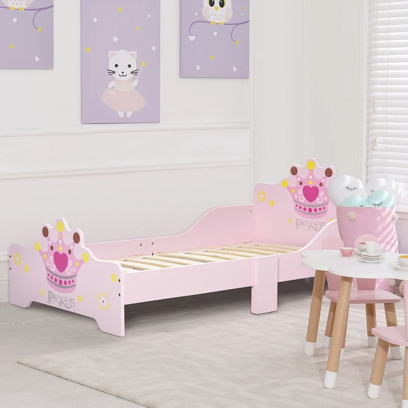 HOMCOM Kids Toddler Bed Princess Crown Theme Safety Side Rails Slats Home Bedroom Furniture Boys Girls 3-6 Years Pink 143 x 73 x 60 cm