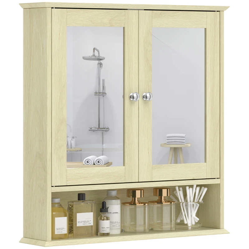 kleankin Armoire murale salle de bain avec miroir, 56 x 13 x 58 cm, meuble salle de bain avec Portes Miroir Doubles Bois Naturel