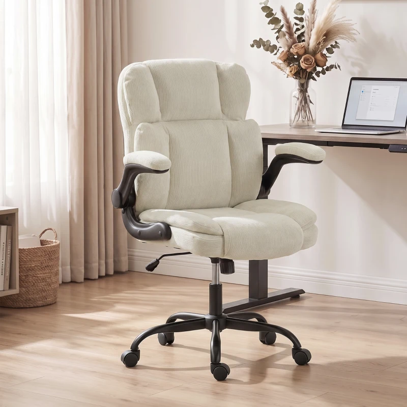 HOMCOM Scaun de Birou Ergonomic din Chenilă, Funcție Balans, Brațe Rabatabile, Înălțime Reglabilă, 70x67x108cm, Bej