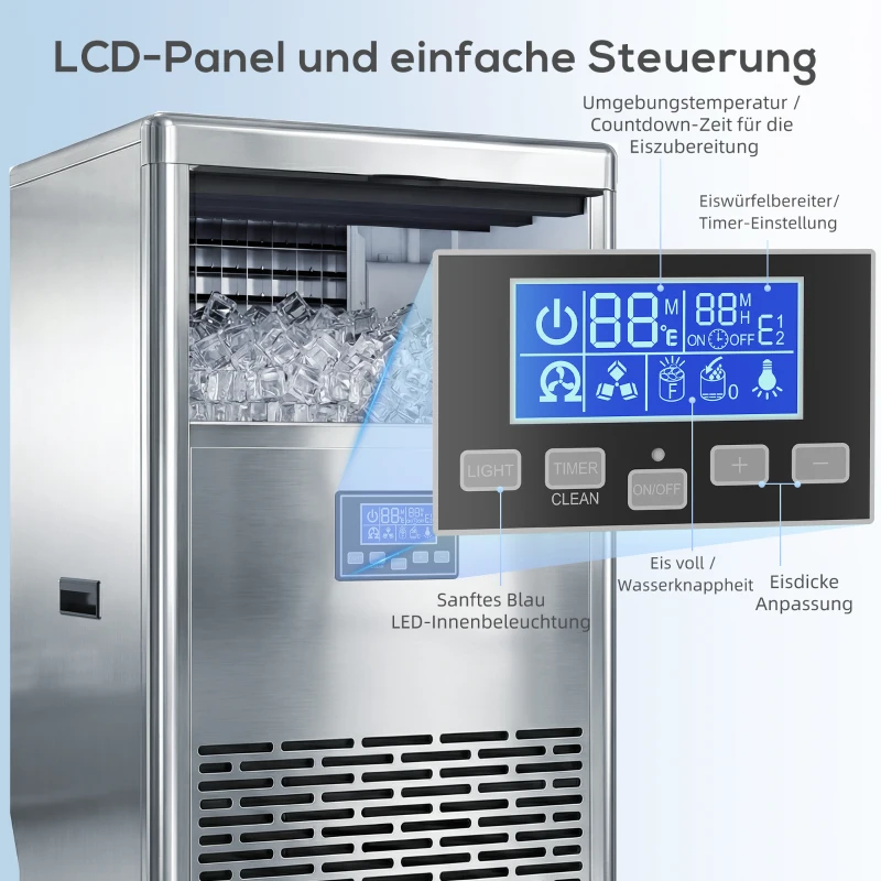 HOMCOM Gewerblicher Eiswürfelbereiter 45 kg/24 Std., Edelstahl, mit 13 kg Speicher, Selbstreinigung, Silber