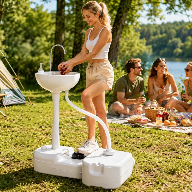 Outsunny Évier à Main Portable Station de Lavage Camping Jardin Extérieur Voyager avec Réservoir d'Eau 17L Gris