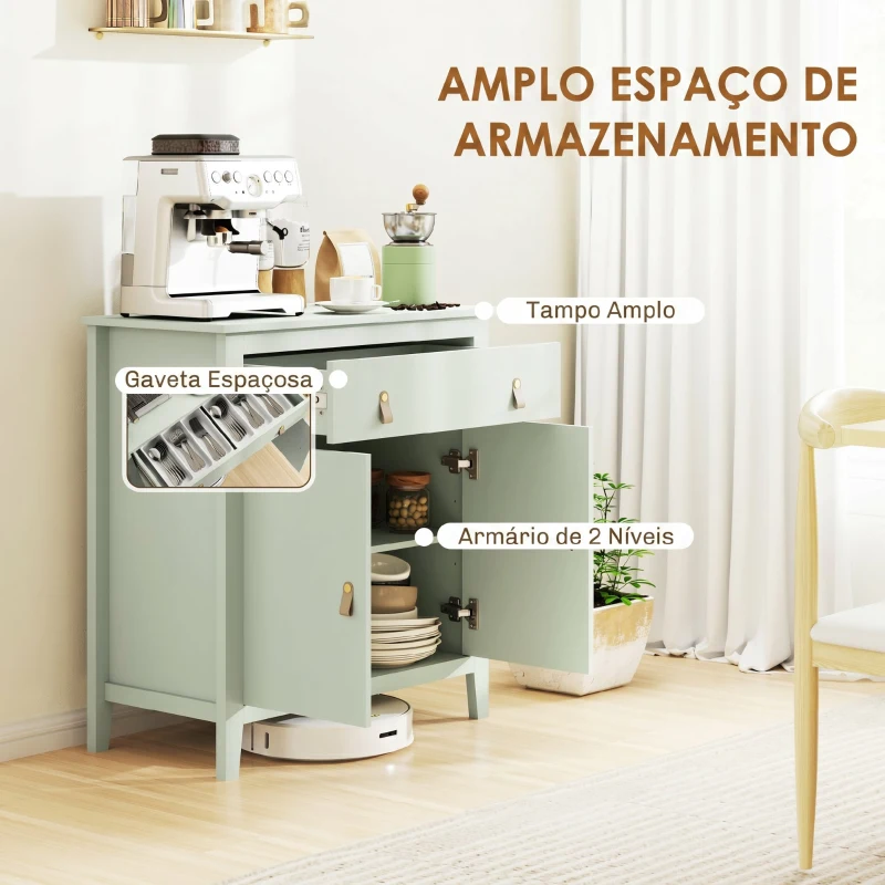 HOMCOM Aparador com Gaveta e Armário de 2 Níveis com Prateleira Ajustável Base Elevada e Amplo Tampo 80x40x90 cm Verde Claro