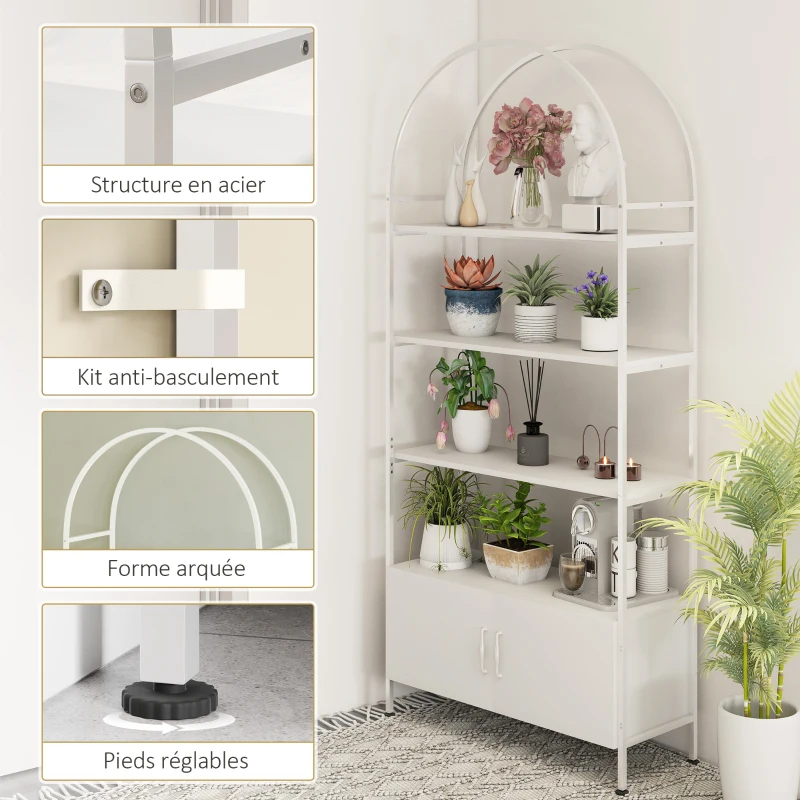 HOMCOM Étagère de rangement, bibliothèque arquée à 4 niveaux avec placard double porte, 80 x 30 x 187 cm, blanc
