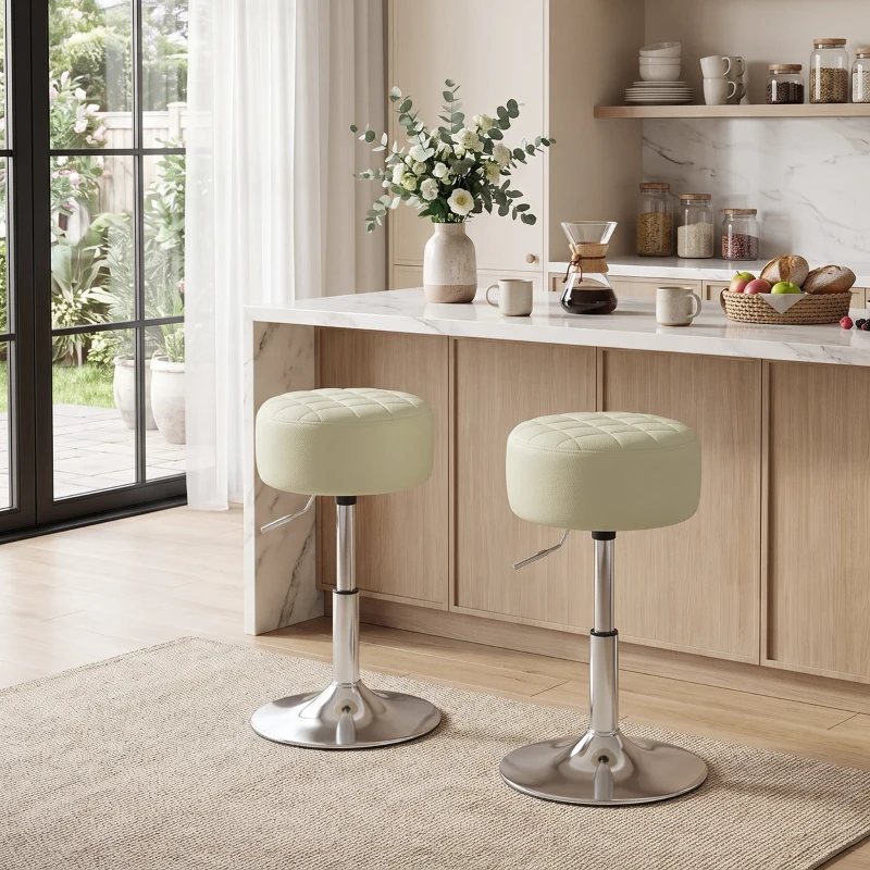 HOMCOM Taburete de Bar en Piel PU con Altura Ajustable, Asiento Acolchado Grueso, Giratorio a 360°, para Península, Blanco