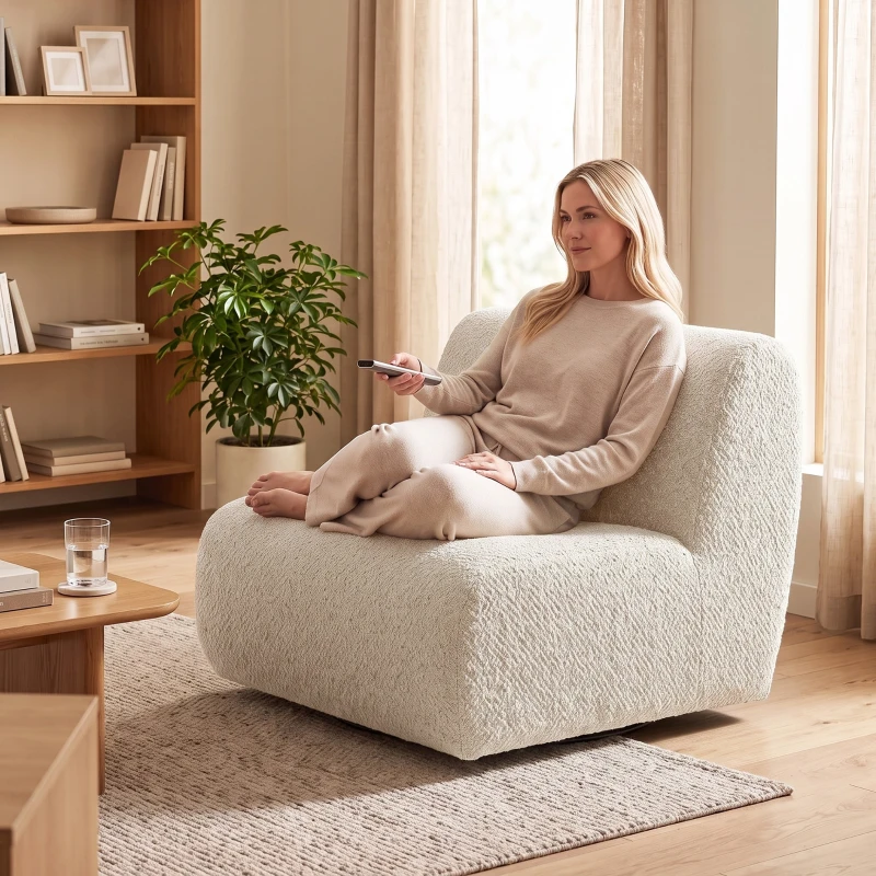 HOMCOM Poltrona de Sala Giratória 360° Poltrona 1 Lugar Estofada em Chenille com Assento Extra-largo Enchimento Espesso Bege