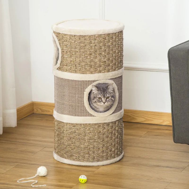 PawHut Casetta per Gatti Tiragraffi a Torre 3 Nicchie Corda in Sisal Alga Marina