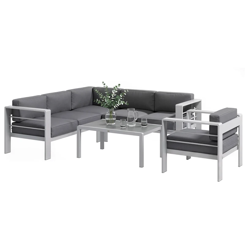 Outsunny Five-Piece Aluminium Garden Sofa Set, with Glass-Top Table - Grey