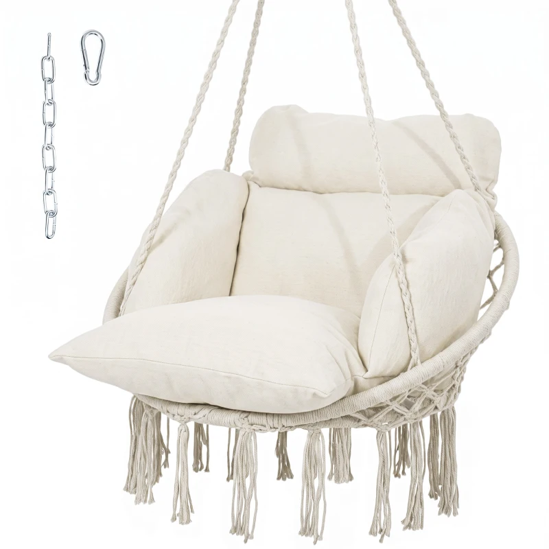 Outsunny Hanging Chair Outdoor Hammock Chair with Soft Cushion, Cotton Rope Boho Style Swing Chair, Hanging Garden Swing Seat for Indoor Outdoor, Cream White