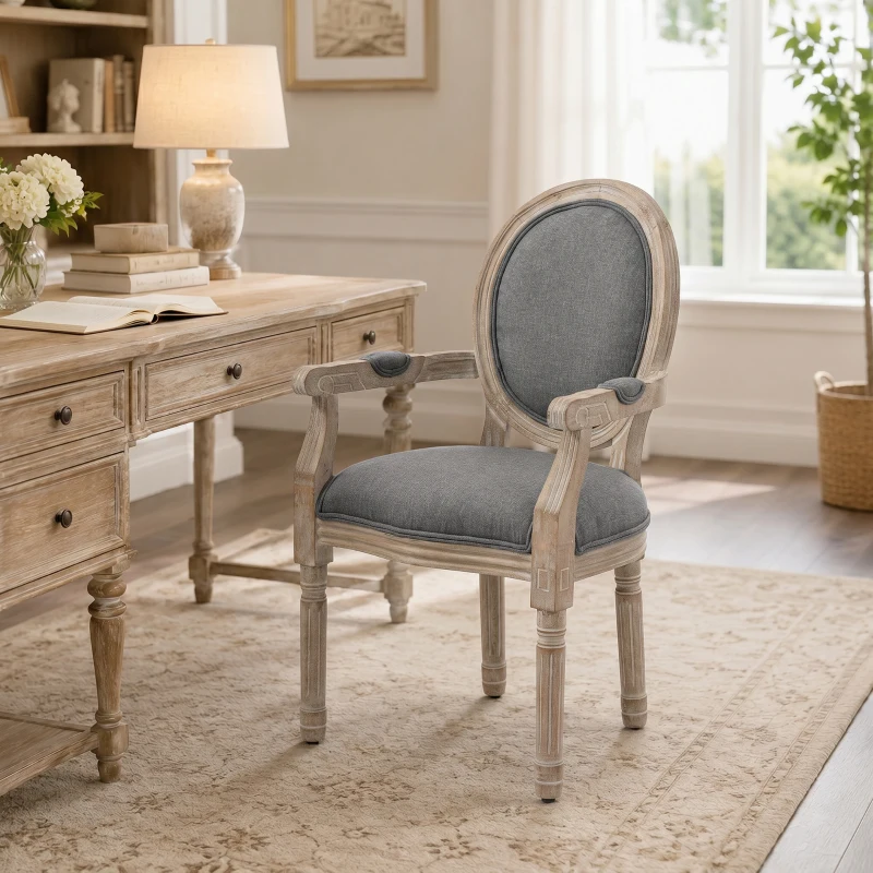 HOMCOM Chaise de Salle à Manger Chaise de Salon médaillon Style Louis XVI Bois Massif patiné sculpté Tissu Lin Gris