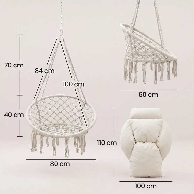 Outsunny Hanging Chair Outdoor Hammock Chair with Soft Cushion, Cotton Rope Boho Style Swing Chair, Hanging Garden Swing Seat for Indoor Outdoor, Cream White