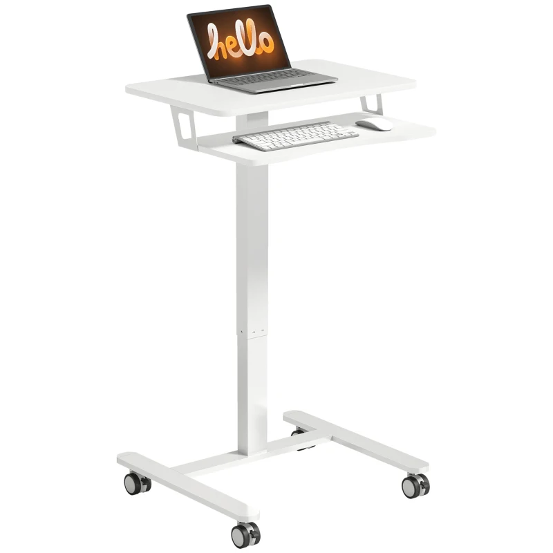 HOMCOM Bureau Assis-Debout Réglable en Hauteur, Bureau Mobile avec Plateau pour Clavier, Roulettes et Cadre en Acier, Blanc