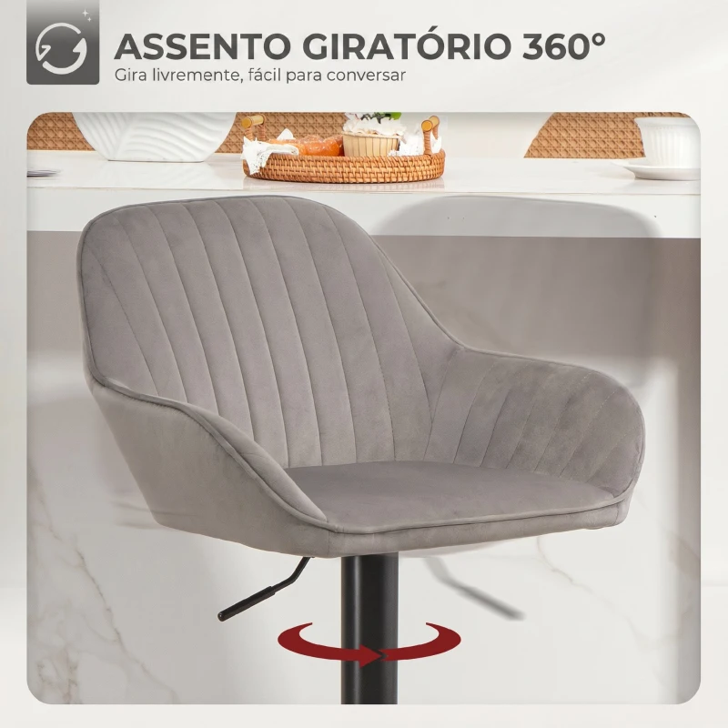 HOMCOM Conjunto de 2 Bancos de Bar Giratórios em Veludo, Altura Ajustável 62-83 cm, com Encosto e Apoio para os Pés, Cinzento