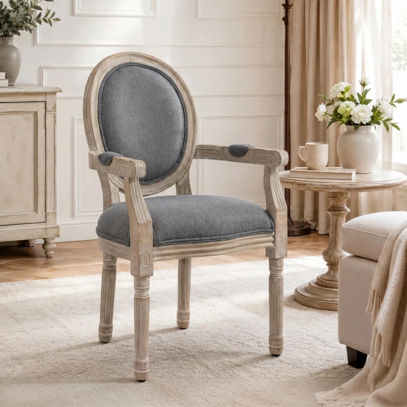 HOMCOM Chaise de Salle à Manger Chaise de Salon médaillon Style Louis XVI Bois Massif patiné sculpté Tissu Lin Gris