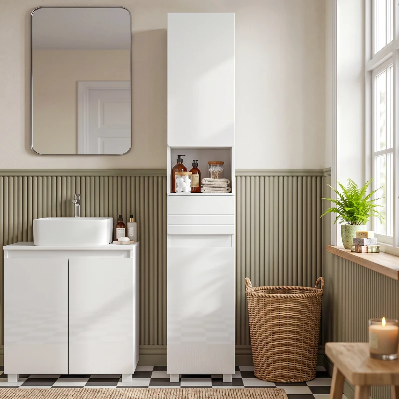 HOMCOM Mobiletto Bagno Alto Lucido con Cassetto e Ripiani Regolabili