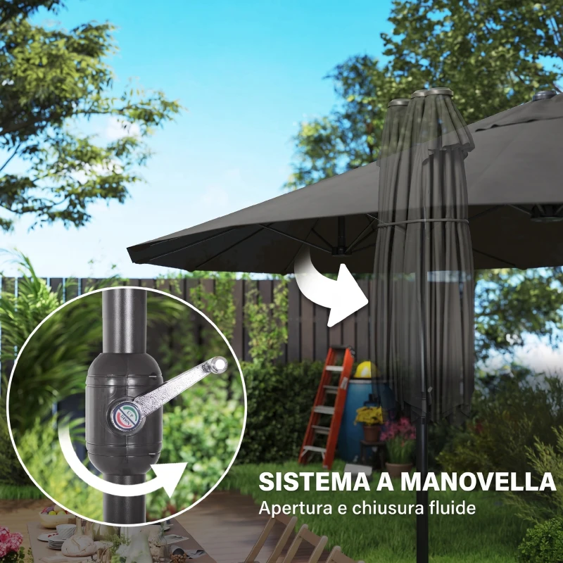 Outsunny Ombrellone da Giardino Doppio da Giardino 4.6x2.7 m a 12 Stecche con Prese d'Aria e Manovella, Ombrellone per Esterno in Acciaio e Poliestere, Anti UV, per Balcone e Terrazza, Grigio