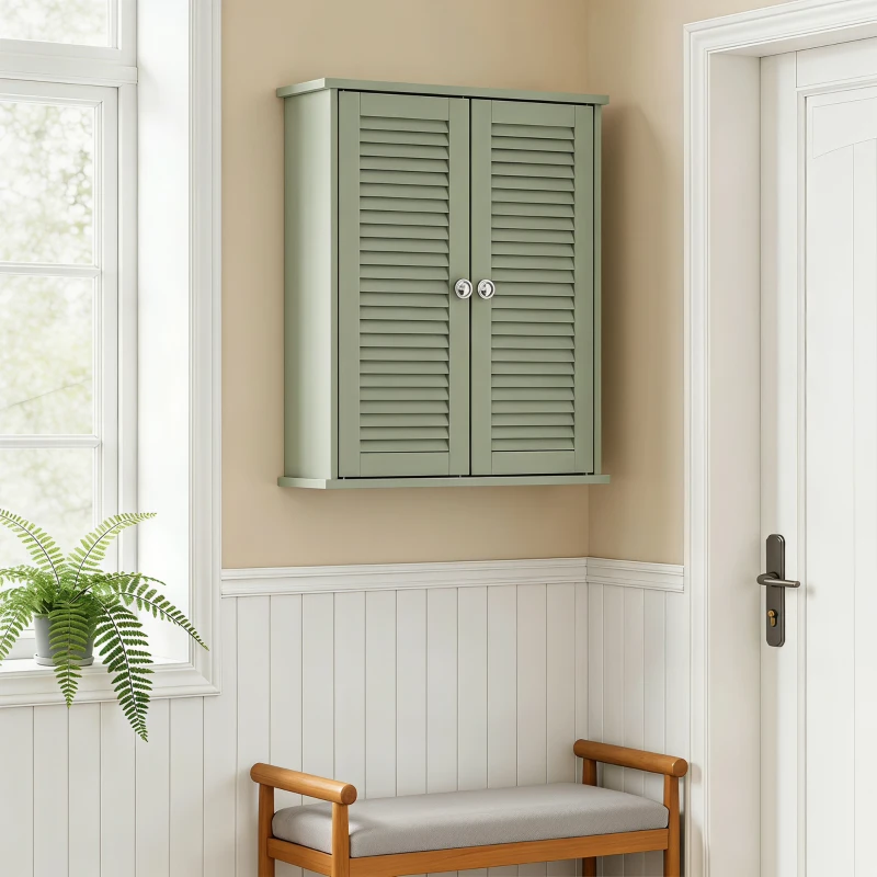 HOMCOM Bathroom Cabinet, Bathroom Wall Cabinet with Louvered Doors and Adjustable Shelf Storage for Kitchen, Light Green