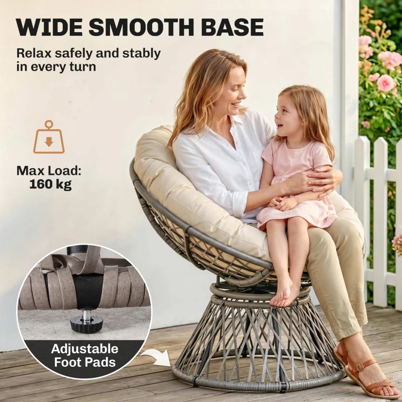 Outsunny 360° Swivel Rattan Moon Bowl Chair Round Lounge Garden Wicker Basket Seat with Padded Cushion Oversized for Outdoor Indoor, Beige