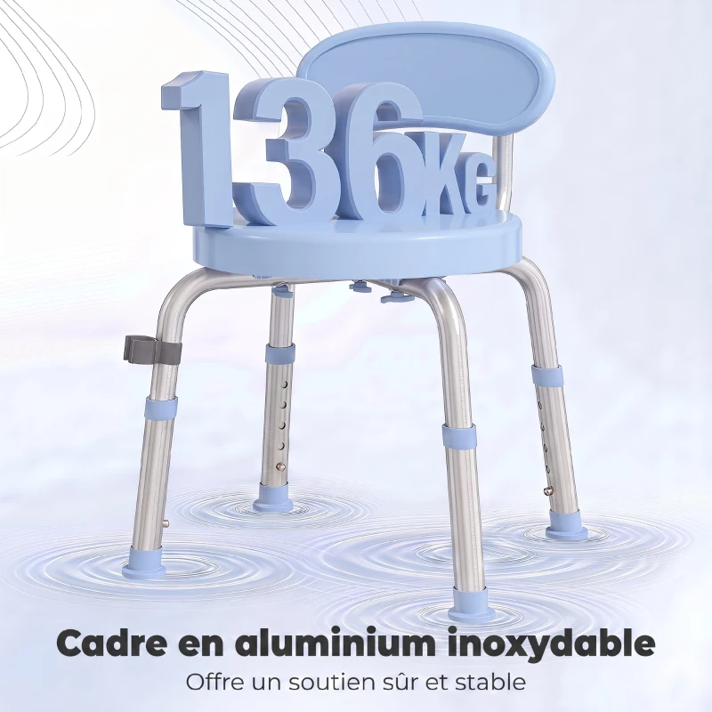 HOMCOM Tabouret de Douche Ronde Pivotant 360°, Hauteur Réglable, Dossier, Pieds Antidérapants, 38,5x37,5x75cm, Bleu Clair
