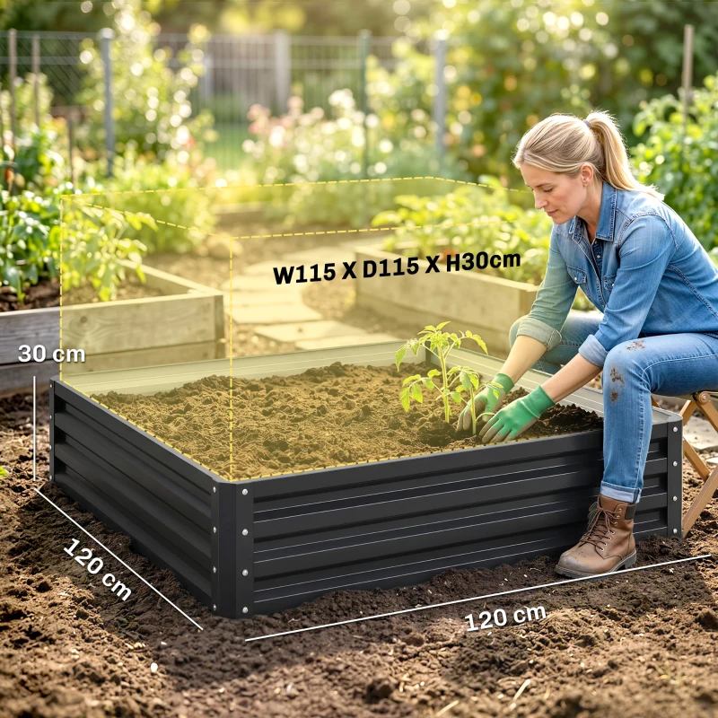 Outsunny Carré potager de jardin acier galvanisée 120 x 120 x 30 cm gris