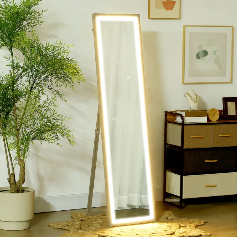 HOMCOM Grand miroir pleine longueur, miroir mural ou sur pied rectangulaire, 40 x 160 cm avec éclairage LED 3 couleurs, gris