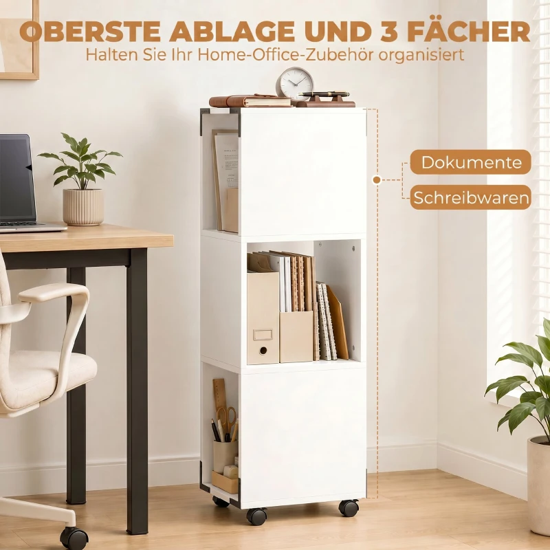 HOMCOM Mobiler Aktenschrank mit 3 offenen Fächern, Druckerablage auf Rollen mit 2 Bremsen, Weiß