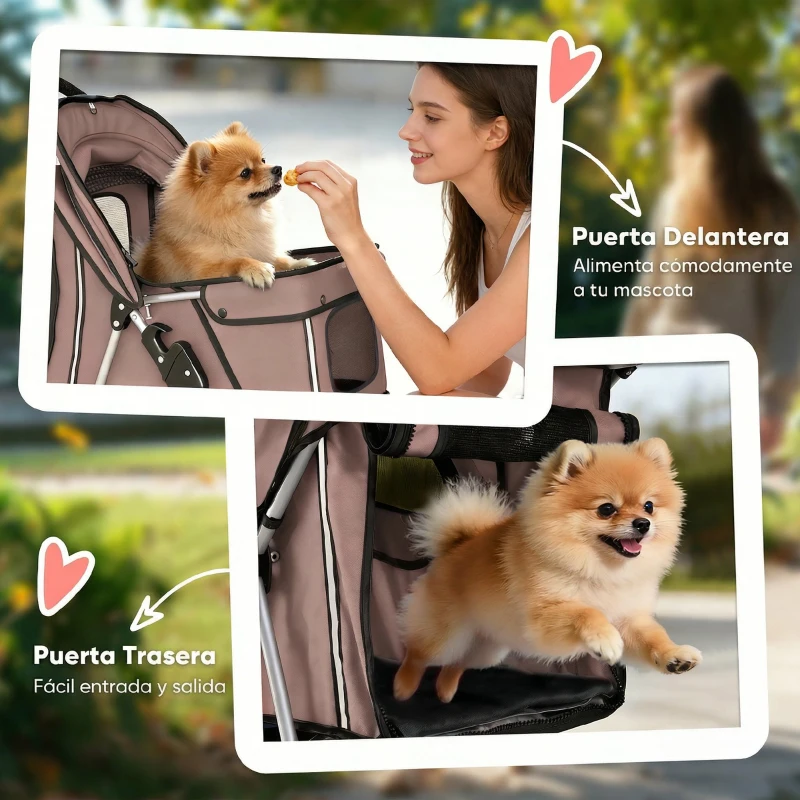 PawHut Carrito para Perros Pequeños con Cesta de Almacenaje Ventanas de Malla y Cinturón de Seguridad 77x44x102 cm Café