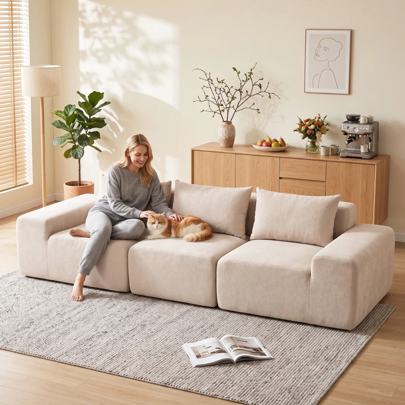 HOMCOM Sofá 3 Lugares em Chenille 320 cm, Sofá Modular, Assento e Apoios de Braço Extra-Largos, Totalmente Comprimido, Bege