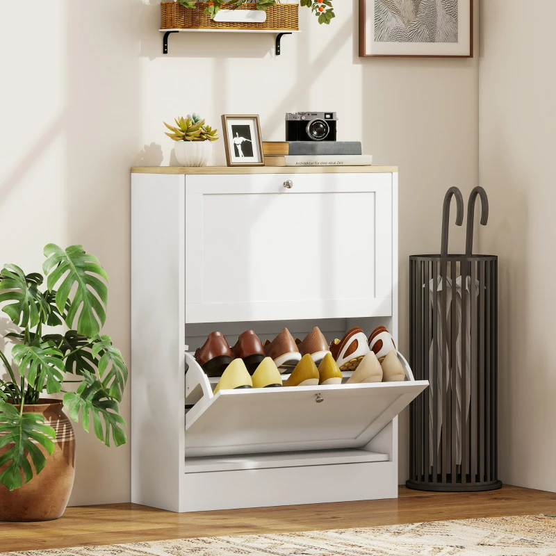 HOMCOM Meuble à chaussures 12 paires, meuble d'entrée avec 2 tiroirs rabattables et étagères réglables, 60 x 23,5 x 80cm, blanc
