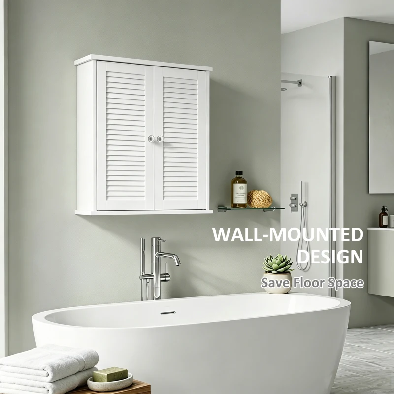 HOMCOM Bathroom Cabinet, Bathroom Wall Cabinet with Louvered Doors and Adjustable Shelf Storage for Kitchen, White