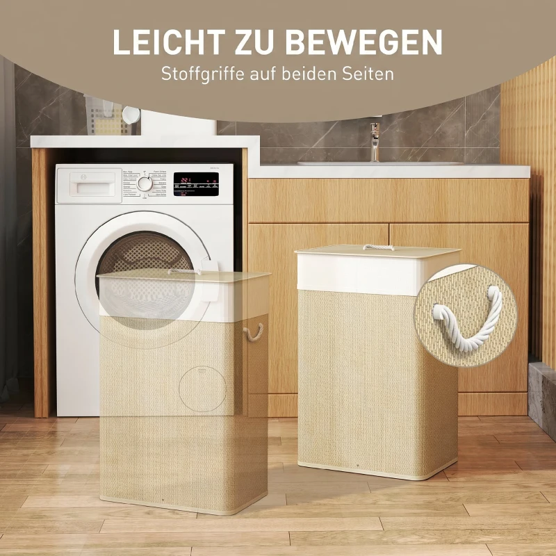 HOMCOM Bambus Wäschekorb mit Deckel 72 L Wäschesammler mit Bambusgriffen, herausnehmbarer Wäschesack Natur