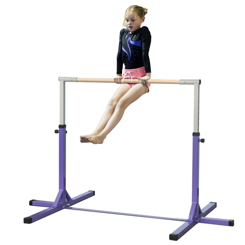 HOMCOM Barre Fixe de Gymnastique pour Enfant, Hauteur Réglable sur 13 Niveaux de 92-150 cm, en Acier et Bois de Hêtre, Barre de Gym d'Entraînement à Domicile, Antidérapant, Facile à Assembler, Violet