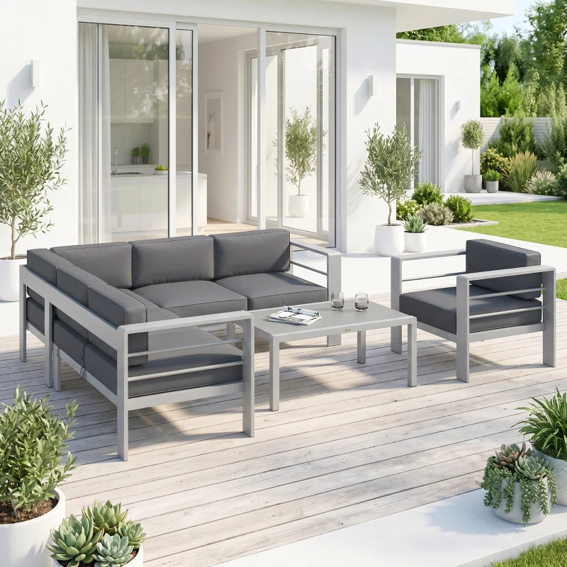 Outsunny Five-Piece Aluminium Garden Sofa Set, with Glass-Top Table - Grey